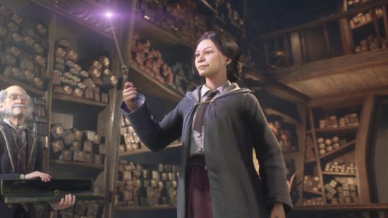 Owning a business in Hogwarts Legacy is only possible for some players: A Wizard holds their new wand as a glows purple