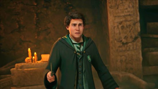 New Hogwarts Legacy gameplay teased as devs "keenly aware" you want it: Slytherin students stands ready to battle in a crypt