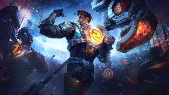 League of Legends skin preview: Zenith Games: a man stands with his back to the camera dressed in futuristic garb holding a giant hammer