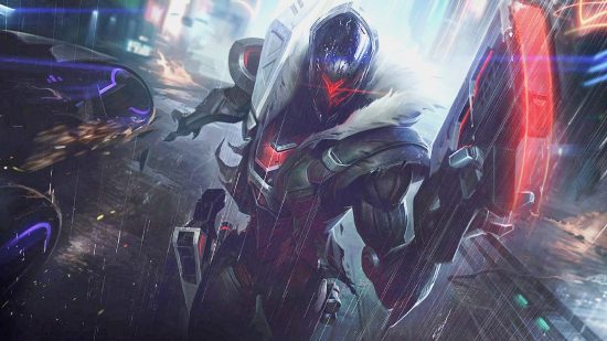 Fan gifted League of Legends RP after drawing a very nice picture: a futuristic-looking man wearing a shiny, smooth helmet stands holding a gun in hand