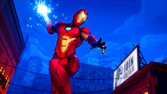 : superhero Ironheart readies for a repulsor beam attack