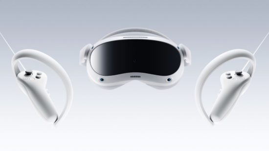 The Pico 4 VR headset as seen from the front, with controllers that look similar to the Meta Quest 2