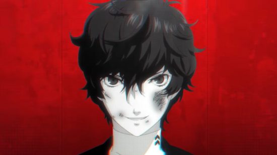 Joker from Persona 5 Ryoal faces the player, smiling with a red background