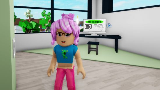 US Department of Homeland Security invests in Roblox counterterrorism research: An avatar stands in front of her computer with the word "messages" prominently displayed.