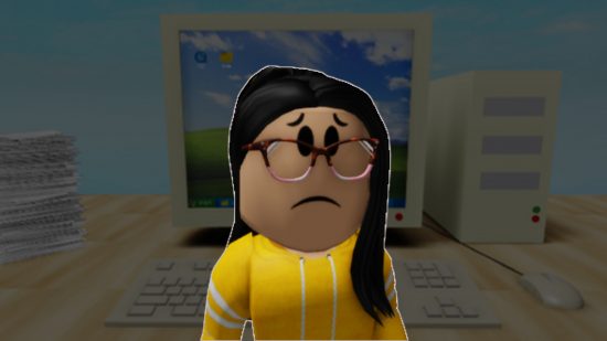 Roblox desktop app is super annoying, some users say: A Roblox avatar stands dejectedly in front of a desktop computer.