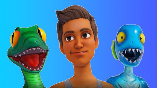 Roblox dynamic heads are live, making the metaverse even weirder: A Robloxian human-like avatar stands alongside a lizard-like avatar and a fish-like avatar, each displaying a unique facial expression.