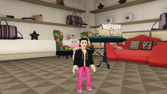 Roblox fashion is transforming the entire fashion industry: An avatar stands in the Gucci Shop in Gucci Town on Roblox.