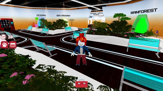 TechQuest is Roblox immersive learning at its best: A Roblox avatar stands in the middle of one of the worlds featured in TechQuest.