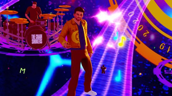 Roblox live event a disservice to the metaverse, and The Chainsmokers: Two men on a neon celestial backdrop, one is singing while the other plays drums