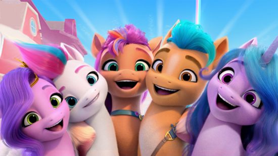 Hasbro reins in new audiences with Roblox My Little Pony experience: The "Mane 5" stand side-by-side, with a backdrop of Visit Maretime Bay.