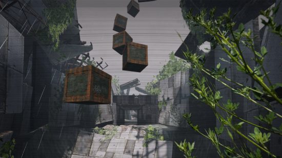 This innovative Roblox platforming game has major Titanfall 2 vibes: A scene in Interval shows a box-based platforming puzzle.