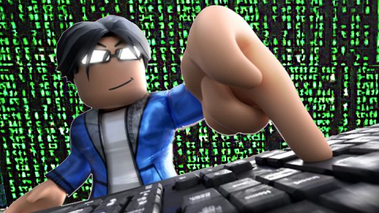 Roblox malware accounts for 9.5% of gaming-related cyberthreats: A Roblox avatar at a computer presses a computer keyboard button amidst a backdrop of green code on a black background.