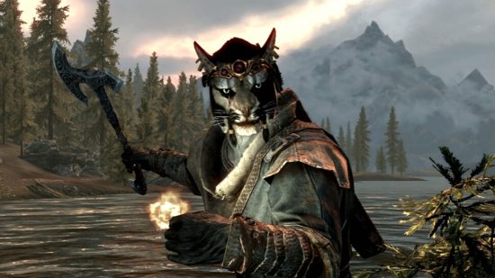 Skyrim mod turns opening chests into a treasure hunt: A Khajiit holds a one handed axe and readies for battle