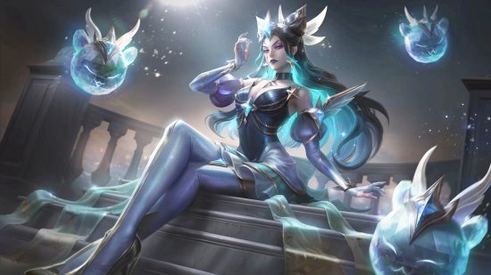 eague of Legends Syndra rework rewards you for being a bully: a mage sits on some steps with crystals floating aside her