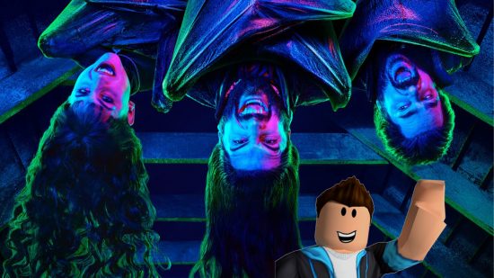 What We Do in the Shadows Roblox reference gets dev seal of approval: Three vampires hang from the ceiling with Roblox characters in the bottom right corner