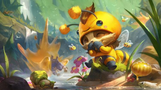 League of Legends players need more ways to express their feelings: a furry creature dressed as a bee sits on a log