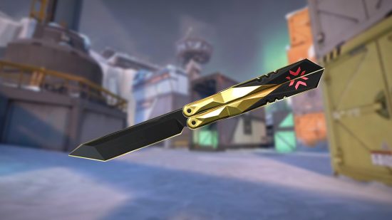 A Valorant butterfly knife sits in front of the Icebox map that's blurred in the background