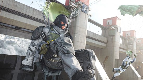 Warzone 2 loadouts may not exist, cryptic tweet suggests: a man wearing a balaklava parachutes from the top of a dam