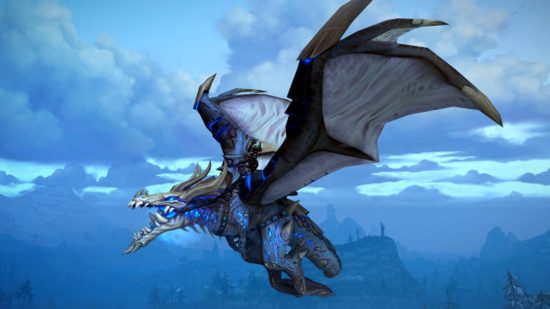The WoW Dragonflight Frostbrood Proto-Wyrm mount you can only get by playing WoW Wrath of the Lich King Classic flying through the clouds