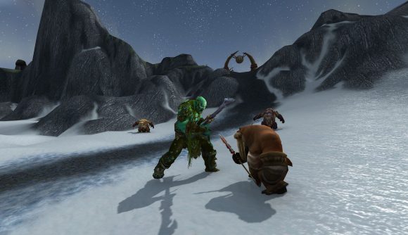 Characters from world of warcraft fight on a snowy mountain range