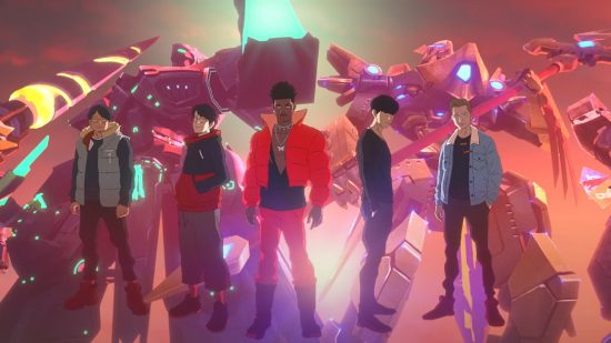 League of Legends Worlds song with Lil Nas X has totally divided fans: five people stand in a line, just in front of some giant mechs