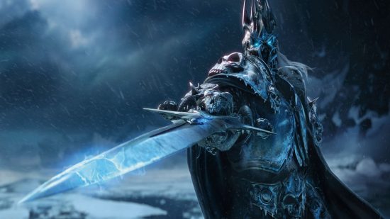 Cinematic still from Wrath of the Lich King featuring the Lich King holding a glowing sword