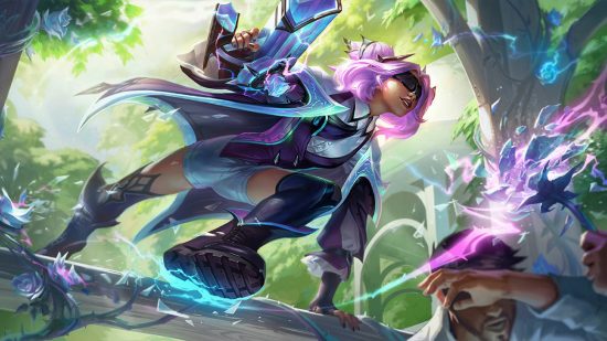 League of Legends Zeri nerfs keep on coming, but why?: a pink-haired woman leaps over an obstacle holding a gun