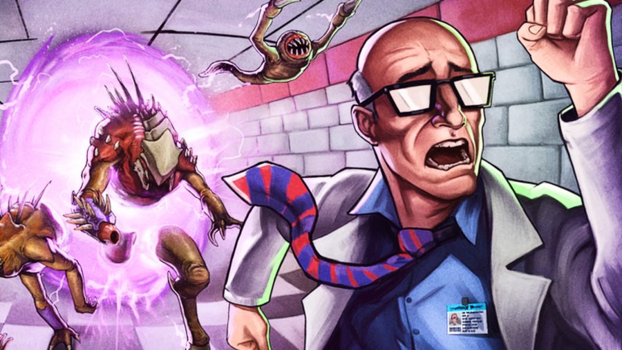 Abiotic Factor - a balding scientist in glasses, a tie, and a lab coat runs away from a purple portal with various aggressive alien creatures leaping from it