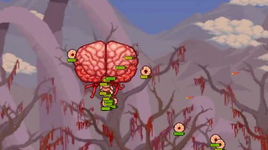 All Terraria bosses: a floating brain hovers in a forest with blood leaves and floating eyeballs.