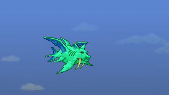 All Terraria bosses: a cyan-colored monster that's a cross between a shark, pig, sabertooth tiger, and dragon, flying through the sky.
