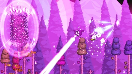 All Terraria bosses: a giant, pink worm-like monster with an aura around it, making everything else pink.