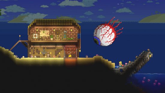 All Terraria bosses: a giant eye threatens a house near the sea.