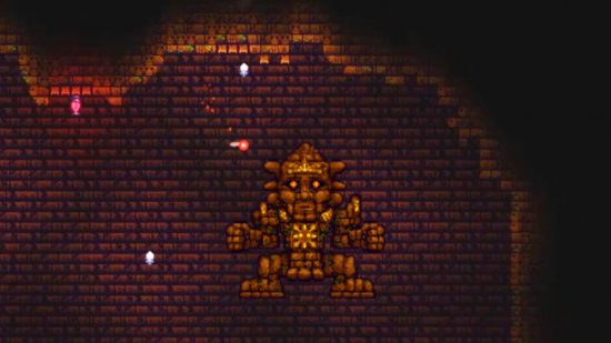 All Terraria bosses: a Golem-like monster floating inside a cave.