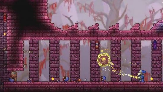 All Terraria bosses: a Lunatic Cultist trying to summon a demon. His friends lie dead around him.