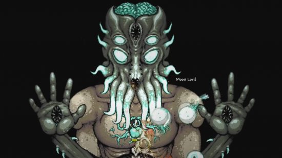 All Terraria bosses: the Moon Lord is a Cthulhu-like being with a squid-like face, several mouths on its face and hands, and an exposed brain.