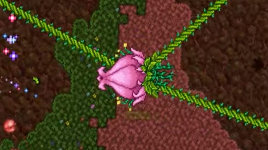 All Terraria bosses: a giant rose bud with several steams sprouting from its head.