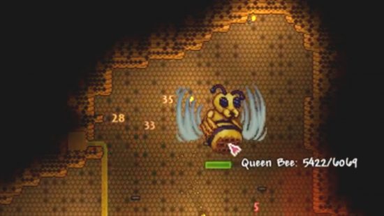 All Terraria bosses: a giant bee with a hive where its stinger should be, flying around in a cave surrounded by honeycombs.