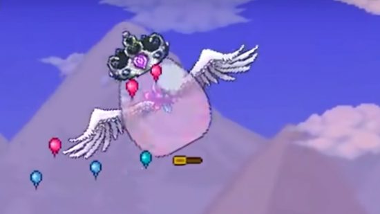 All Terraria bosses: a pink slime with an elegant silver crown on its head and wings.