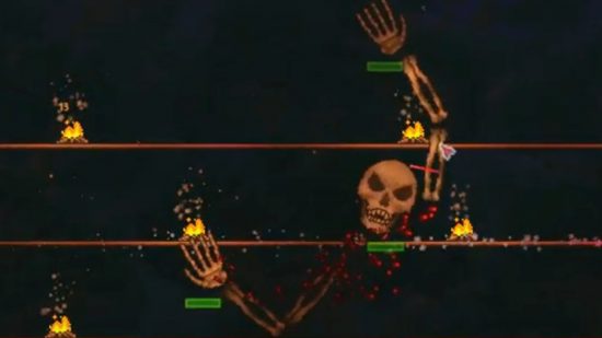 All Terraria bosses: the arms and skull of the Skeletron across multiple beams with campfires on them.