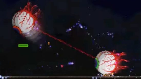 All Terraria bosses: two giant floating eyeballs connected by a single sinew strand.