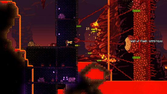 All Terraria bosses: the player is shooting at a gigantic wall that's moving and sending out tendrils with teeth. There's a giant eye in the center of it. Wall of Flesh