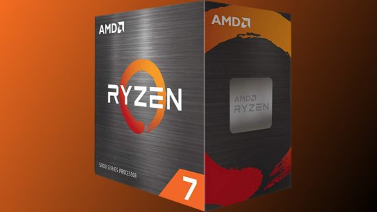 An AMD Ryzen 7 5800X CPU sits in its box against an orange and black background