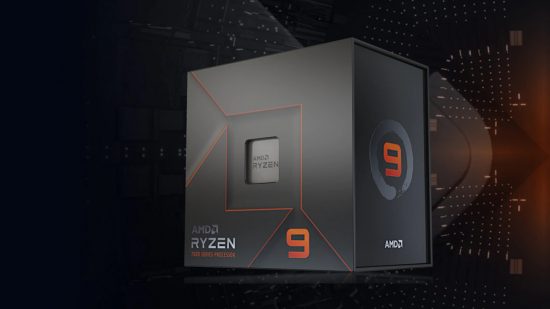 AMD Ryzen 7000: The retail packaging for the 7950X, against a black-range patterned background