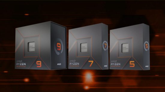 The AMD Ryzen 7000 series, in their retail packaging against an orange-black background