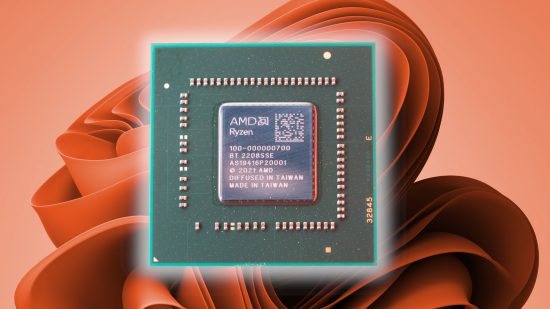 An AMD Ryzen 7020 series processor against an orange coloured Windows 11 floral logo