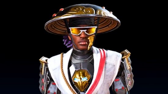 Apex Legends - Bladed Wanderer Seer, with a conical hat, orange shades, and a white top