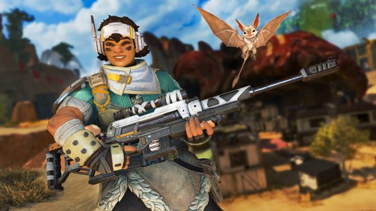 Apex Legends leak: A woman of color and a bat smile happily while standing in a rocky canyon