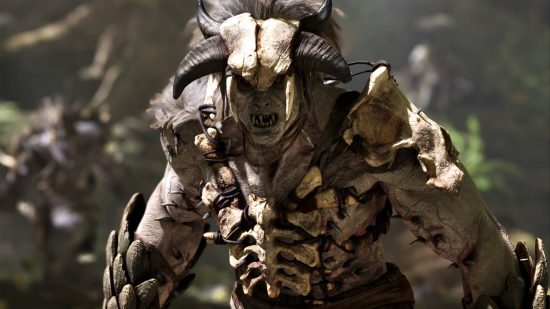 Ark 2 release date: a humanoid monster with orc-like features wearing the skull of a horned creature. He is wearing bone armour.