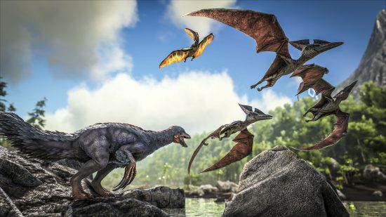 Ark: Survival Evolved free game on Epic: A feathered dinosaur watches as flying pterosaurs soar over a river
