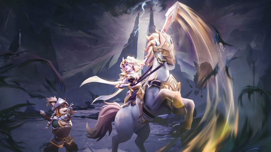 An Auto Chess hero on a horse with a dark fantasy background
